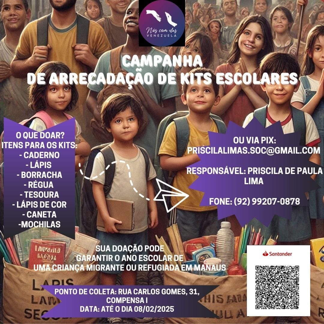 Grupo ‘Nós com Elas Venezuela’ faz campanha para angariar quites de material escolar para crianças refugiadas e em situação de vulnerabilidade em Manaus