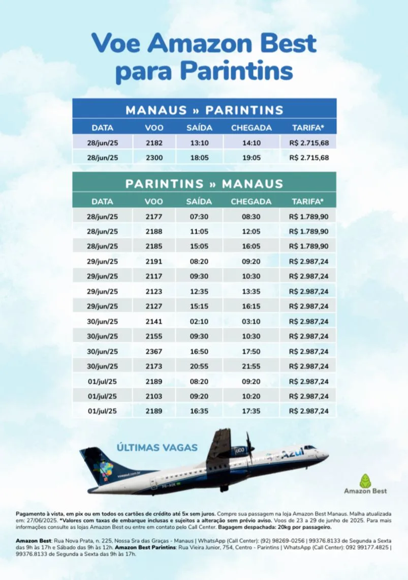 Amazon Best anuncia últimos voos disponíveis para Parintins com operação especial da Azul
