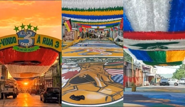 Com bandeirinhas e pinturas, ruas de Manaus se transformam para jogos do Brasil na Copa do Mundo.